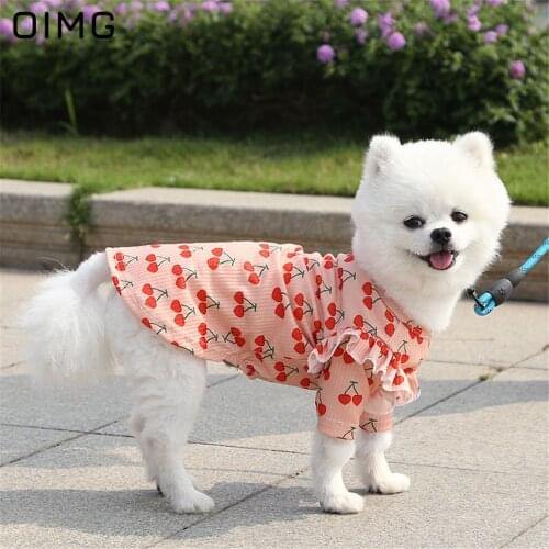 OIMG Spring Summer Basic Clothes For Dogs Cherry Print Ruffle Shorts Sleeve Dog T-shirts Cat Puppy Tops Pomeranian Spitz Clothe