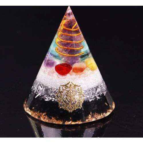 Orgonite Pyramid Amethystine Point In Gold Circle With Colourful Stone And Obsidian Natural Crystal Emf Protection Orgone Energy