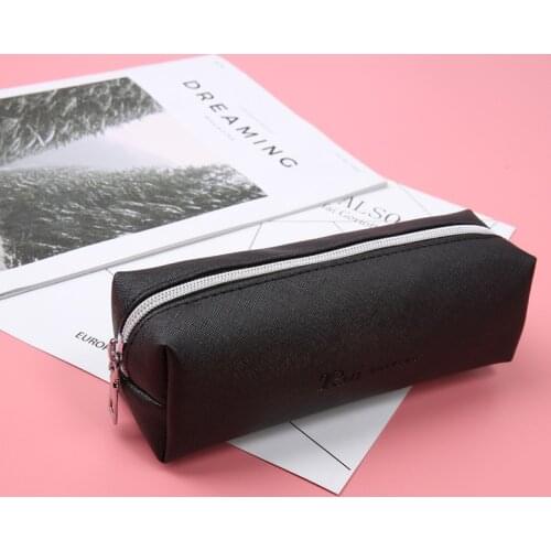 Cute Black PU Leather Pencil Case Big Capacity Zipper Pencil Box For School Pencil Bag School Supplies Tools Girl Cosmetic Bag