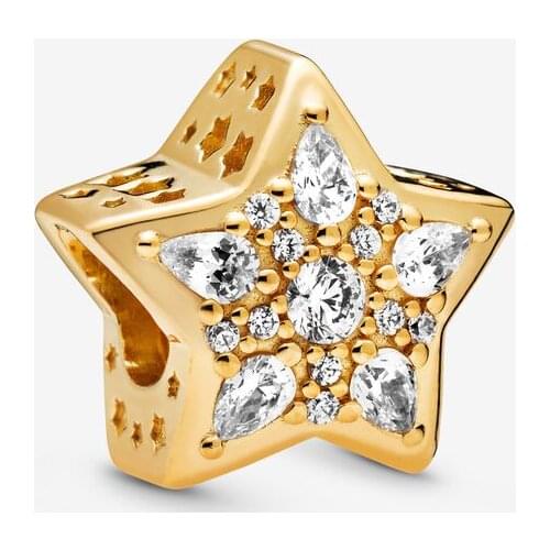 SALE! 925 Sterling Silver Beads Fit Original Pandora Bracelets Pave Golden Pentagram Charm Women DIY Fashion Jewelry Gift