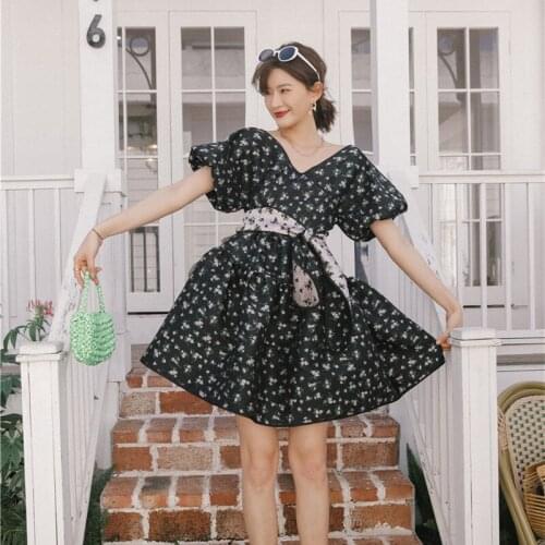 Retro French Two-Color Jacquard Cross Bow Lace-up Puffy High Waist Cute Kawaii Dress Female