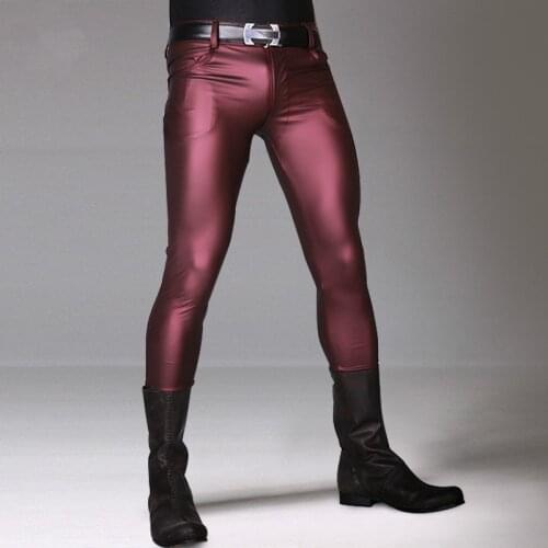 Wine Red Black Faux Leather Men Pants Skinny Casual Trousers Punk Rock Pencil Pants Stretch Tight Leggings Stage Show Clubwear