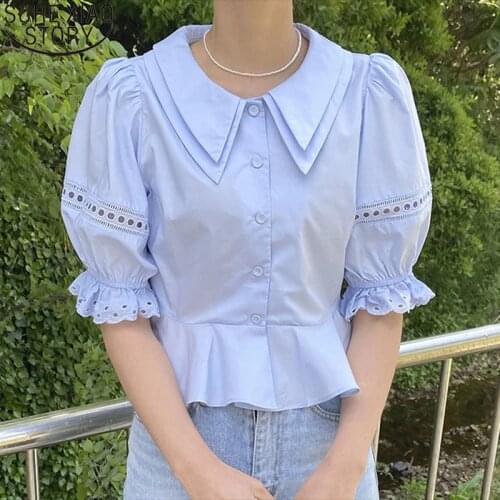 Elegant Vintage Fashion Blue Tops Casual Short Sleeve Shirt Women Blouses Chic Hollow Out Summer Turn-down Collar Clothing 14858