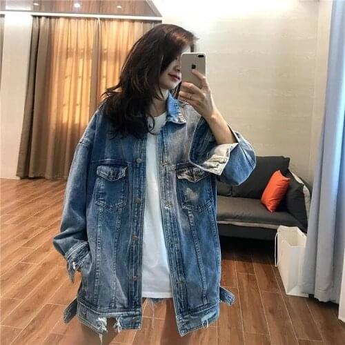 Vintage Light Blue Frayed Hole Denim Jacket Women Mid-length Loose Casual Autumn 2021 Lapel Long Sleeve Female Jaquetas Feminina