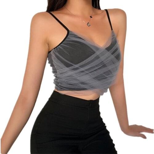 2020 Women Hollow Lace Mesh Summer Camisoles Lace Camis Tops Soft Removable Padded V-Neck Tops