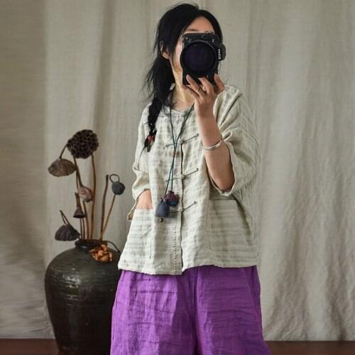 Women Loose Striped Linen Jackets Outerwear Ladies Vintage Flax Coat Female 2021 Short Summer Coat