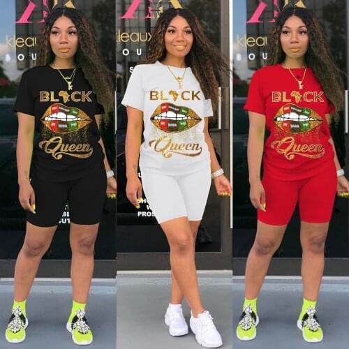 YICIYA Women Sport Black Queen Lips Two Piece Set T-shirt Tops Knee Length Jogger Sweatpant Suit Tracksuit Matching Set Outfits