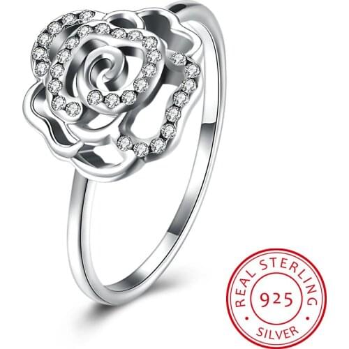 UFOORO New hollow out Dazzling Roses engagement 925 Sterling Silver Ring with Clearly Zircon For Women Wedding ring Jewelry Gift