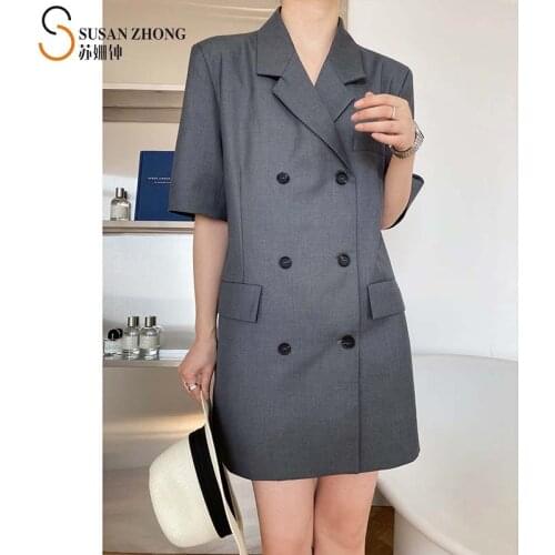 Women Summer Blazer Dress Short Sleeve Female Suit One-Piece Mini Notched Collar Double Breasted Button Flap Pocket Korean Style