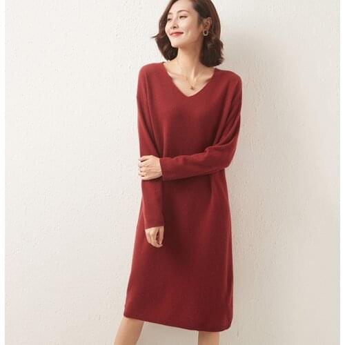 Winter Elegant Women Fashion Dress 2021 Fashion V-Neck Long Sweater Women Dress 100% Wool Knitted Long Sleeve Pullovers
