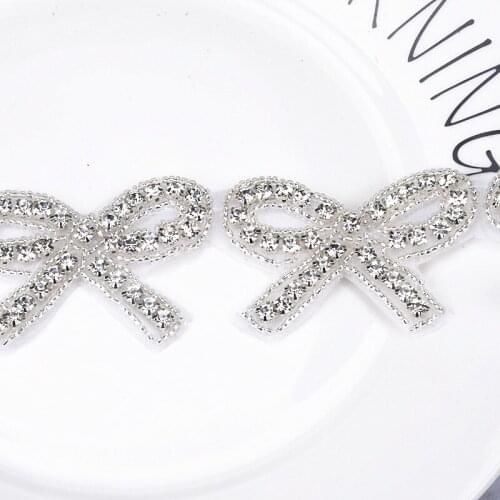 5Pcs Handmade Patches Sew On Bowknot Iron On Silver Bling Beaded Crystal Rhinestone Trim Applique Bridal Dress Motif Diy Crafts
