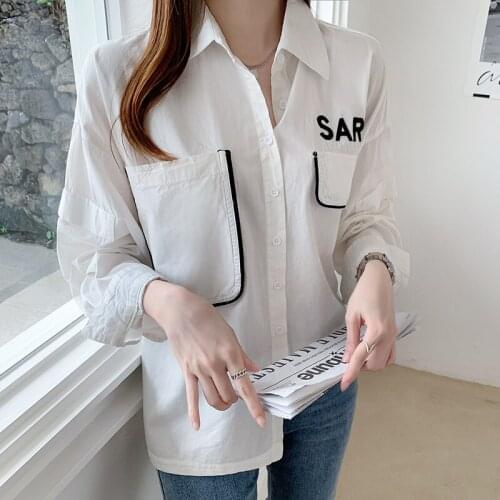 Irregular Shirts Women White Chiffon Blouse Women Long Sleeve Shirts Blouse Lady Blouse Pocket Tops Woman Casual Top 2021 Korean
