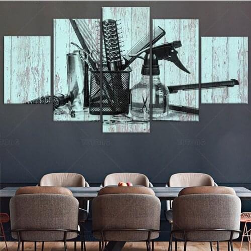 Large 5 Piece Canvas Wall Art Barber Shop Hairdressing Tools with Teal Wood Background Picture Poster for Bedroom Hair Salon