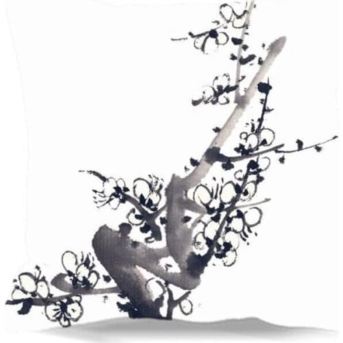 Home car sofa chair decorative Black&white Chinese watercolor painting flowers of Square Cotton polyester soft cushion cover