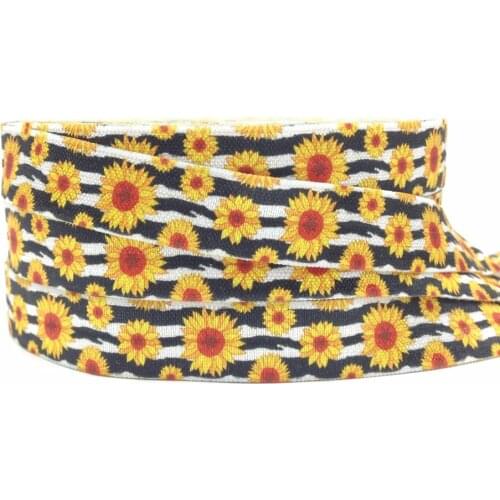 Top Quality 5/8" Sunflower Print Fold Over Elastic 10 yards/lot Stretchy FOE Ribbon Webbing for Girls Hair Tie Hair Accessories