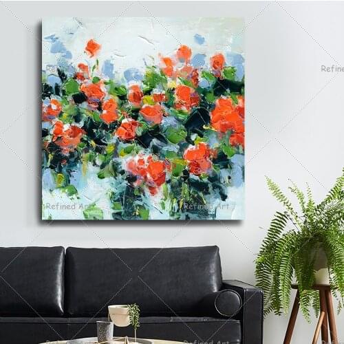 Red Flower Painting On Canvas Handmade Restaurant Bedroom Home Decoration wall Art Floral Picture Hand-painted Frameless