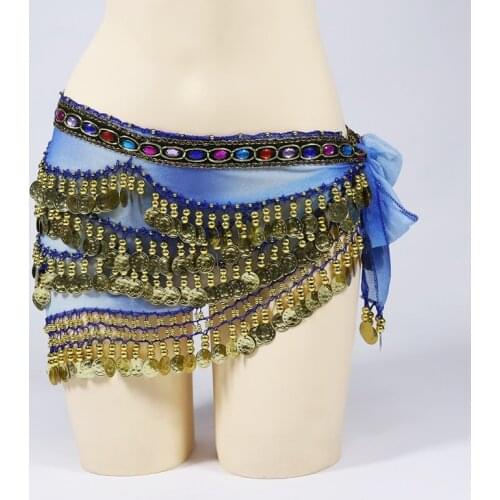 2020 New Dancewear Clothing Triangle Belt Adjustable Fit 328 Gold Coins Organza Belly Dance Hip Scarf with Colored Beads