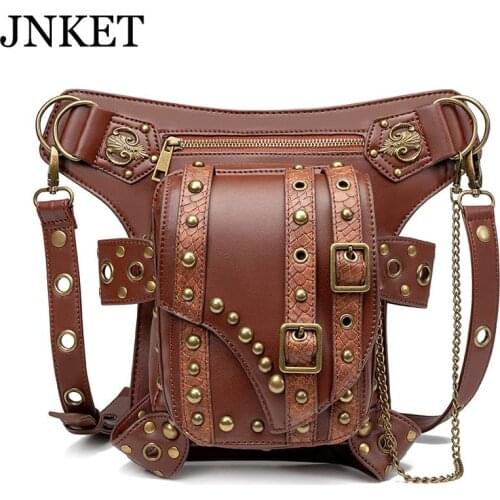 JNKET New Women Steam Punk Waist Bag Chain Belt Bag PU Leather Crossbody Bags Shoulder Bags Large Capacity Sling Bag