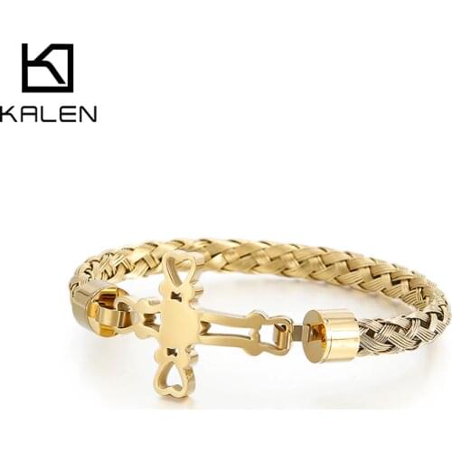 KALEN Christian Cross Charm Prayer Bracelet Men Stainless Steel Gold Chain Bangle Praying Cruz Jewellry 2020