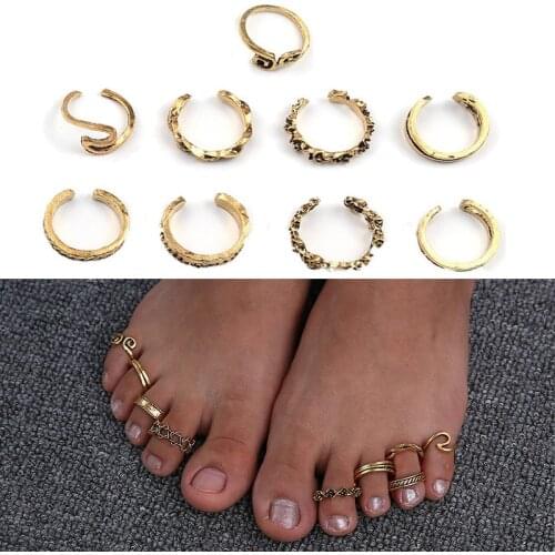 9PCS/Set Knuckle Foot Ring Open Toe Rings Set for Women Girls Adjustable Finger Heart Ring Summer Beach Vacation Jewellery