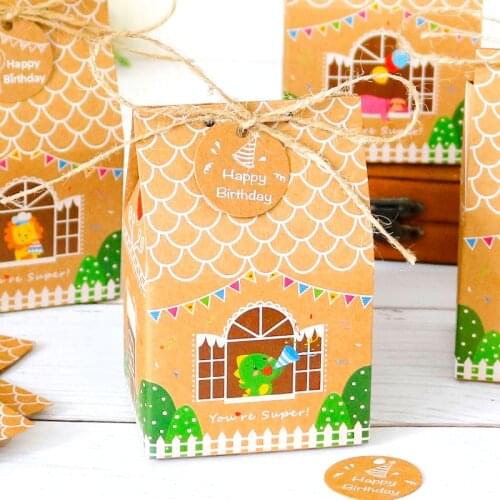 4sets House Shape Kraft Paper Box Lovely Lion Sloth Birthday Party Gift Boxes with Tags String DIY Stationery Storage Organizer
