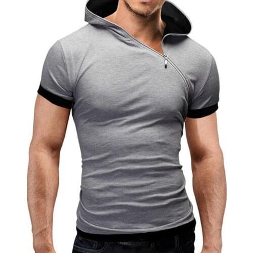 Men Tops Fashion Short Sleeve Color Block Hood Hem Diagonal Zip Slim T-shirt Hoodie Mens Clothing 2021