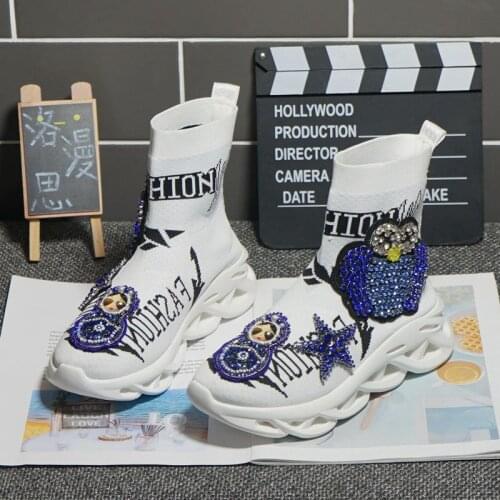 2021 new European station heavy industry rhinestone stretch knitted socks shoes womens thick-soled high-top casual shoes