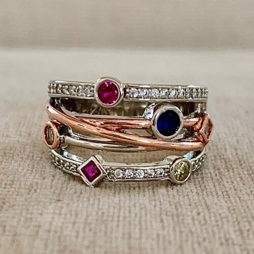Rose Gold Silver Color Wedding Ring Trendy Female Rainbow Zircon Stone Rings For Women Luxury Crystal Geometric Engagement Ring