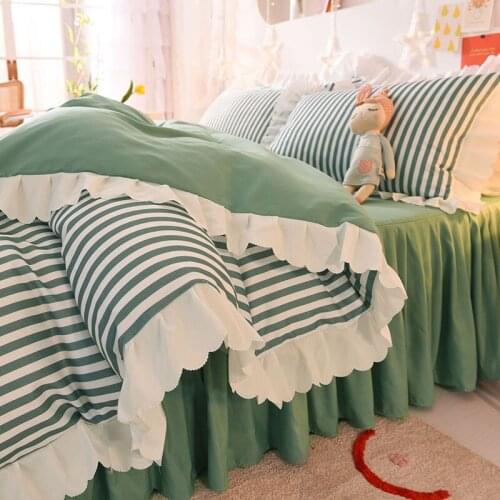 Ins Korean Luxury Bedding Set Lotus Leaf Lace Sheets Duvet Cover Bed Skirt Four-piece Set of Home Enlarged Striped Love Bed