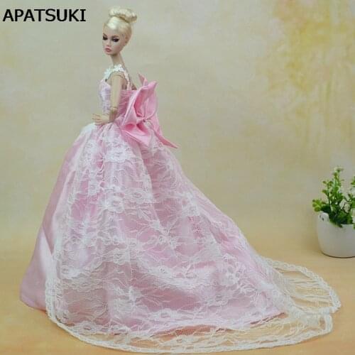 Pink Bowknot Wedding Dress for Barbie Doll Princess 1:6 Evening Party Wear Long Dresses Doll Clothes for Barbie Dollhouse