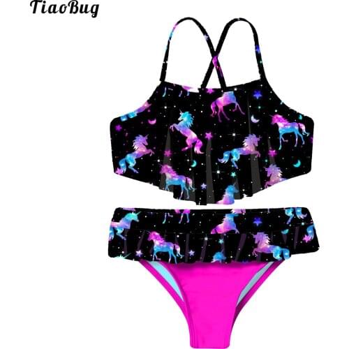 TiaoBug Summer 2Pcs Kids Girls Bikini Sets Spaghetti Straps Criss Cross At Rear Ruffle Hem Tube Top With Bottom Beach Swimwear