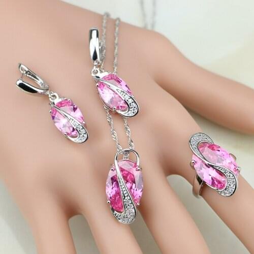 Sterling Silver Jewelry Mystic Pink Cubic Zirconia Jewelry Sets For Women Engagement Earrings/Pendant/Necklace/Rings T238