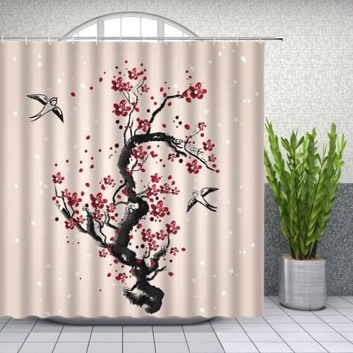 Chinese Style Ink Painting Shower Curtains Set Tree Plant Themed Bathroom Decor Waterproof Polyester Bathtub Curtain With Hooks
