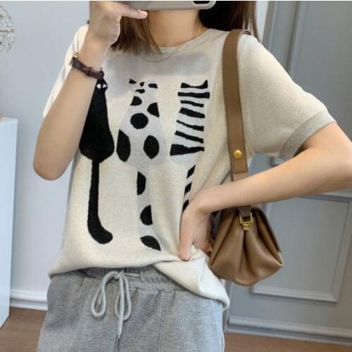 Jacquard three cats retro lazy loose thin knitted Tencel short sleeve T-shirt womens new