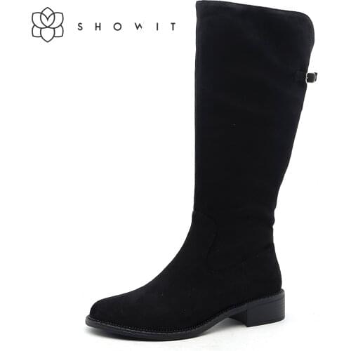 SHOWIT Spring&Autumn 2020 Boots Women Fashion Black Low Heel Mid-calf High Boots Round Toe Comfort Upper Little Buckle