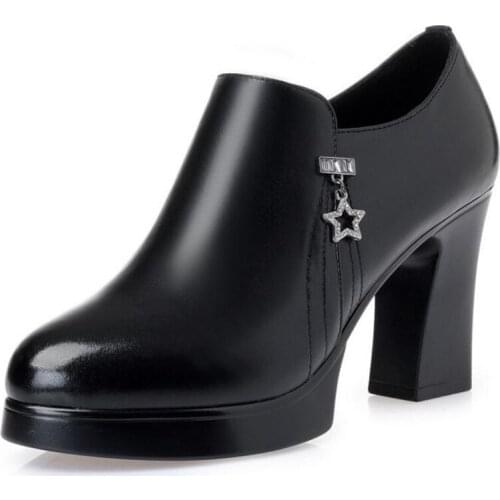 2020 New Spring Autumn Rhinestone Genuine Leather Shoes Women High Heel Shoes Plus Velvet Warm Shoes Winter Shoes Fashion Pumps