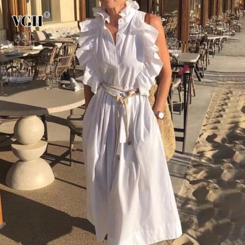 VGH Elegant White Dress For Women Stand Collar Sleeveless High Waist Patchwork Maxi Dresses Female Summer Fashion New 2021