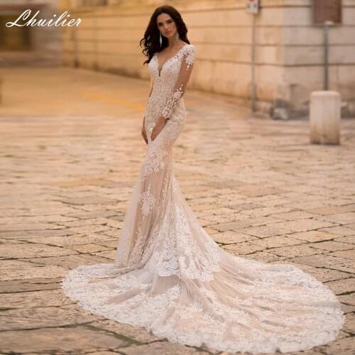 Lhuilier Glamorous V Neck Lace Mermaid Wedding Dresses Full Sleeves Floor Length Illusion Back Bridal Dress with Royal Train