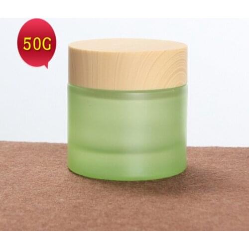 200pcs 50g Empty Green & Matte Glass Cream Jar Wooden grain Cap Glass Bottle Cosmetic Container box