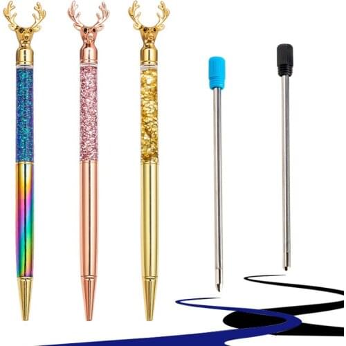 4PCS/Sets Rollerball Pen Spinning 1.0MM Deer Head Oil Metal Luxury Ballpoint Pens Black Blue Refill Sets Kawaii Kids Stationary