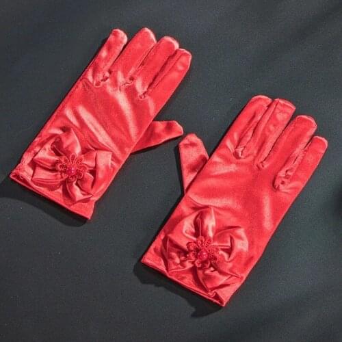 White Ivory Red Black Stretch Satin Gloves for Children Birthday Party Dress Girls Wedding Gloves Kids Finger Pearl Bow Gloves