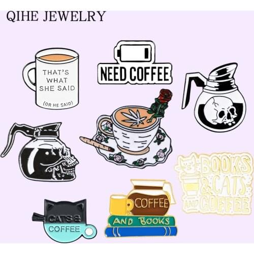 No Coffee No Soul Pins Books Cat Skull Latte Coffee Pot Cup Power Brooch For Coffee Lover Badge Cartoon Jewelry Pin Wholesale