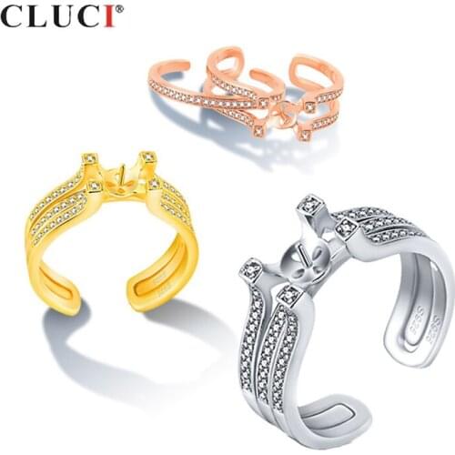 CLUCI 925 Sterling Silver Adjustable Bridal Ring Sets for Women Silver 925 Zircon Pearl Ring Mounting Double Open Rings SR2231SB
