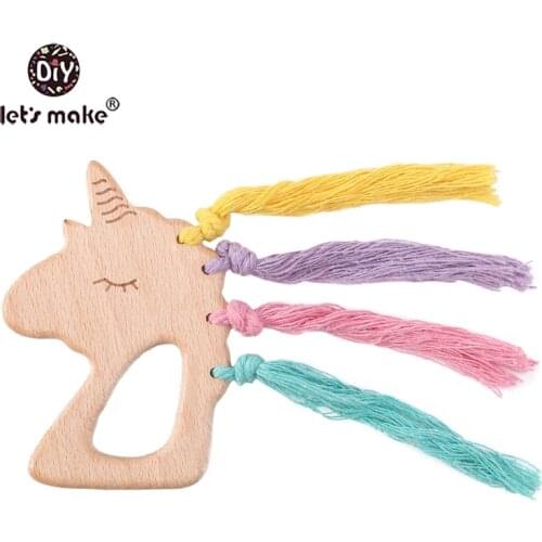 Lets Make Baby Wooden Teether Ring Colorful Cotton Wooden Unicorn Teething For New Born Toys Play Gym Accessories Diy Teethers