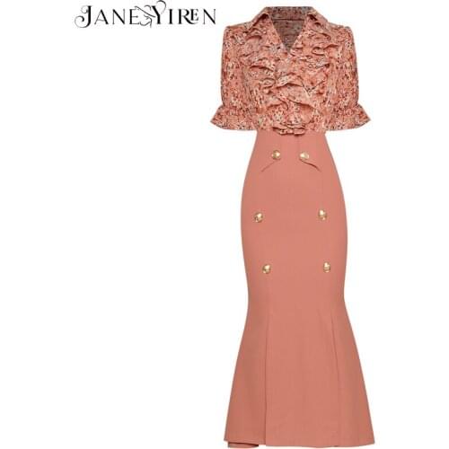 Janeyiren Summer Fashion Designer Midi Dress Womens V-neck Ruffled Short-sleeved Floral Print Ladies Slim Mermaid Party Dress