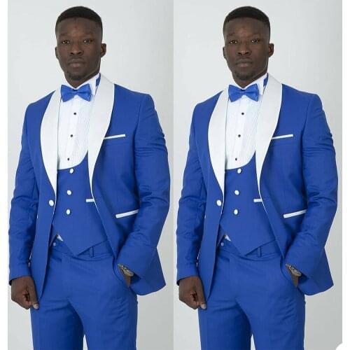 Regular Slim Fit Wedding Suits Mens Blazers Custom Made White Peaked Lapel Royal Blue 3 Pieces Jacket+Vest+Pants Tailored 2021