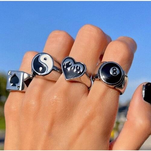 New INS Number 8 Poker Yin Yang Ring for Women Goth Letter Heart Flame Rings Vintage Fashion Jewelry 90s Aesthetic Friends Gift