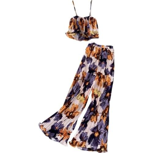 Women Summer Clothing Suit New 2021 Fashion Floral Print Casual Short Camisole Crop Top High Waist Wide Leg Pants 2 Pece Set