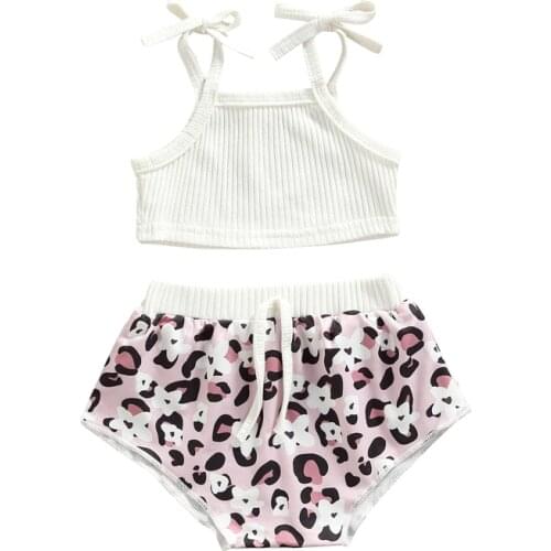 Toddler Kids Baby Girl’s Summer Two Piece Set White Tie-up Strap Cami Tops and Leopard/Rainbow Print Short Pants Clothes