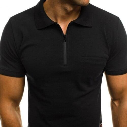 Summer Shirt Solid Color Zipper Men Loose Short Sleeve Lapel T-shirt Slim Party Polo-Shirt Men Fitness homme Summer Casual Tops